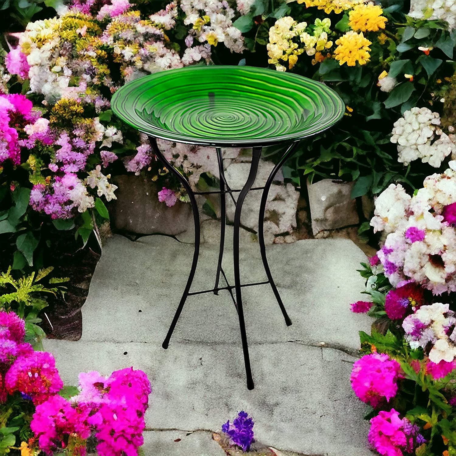 Embossed Hunter Green Glass Bird Bath w/Stand