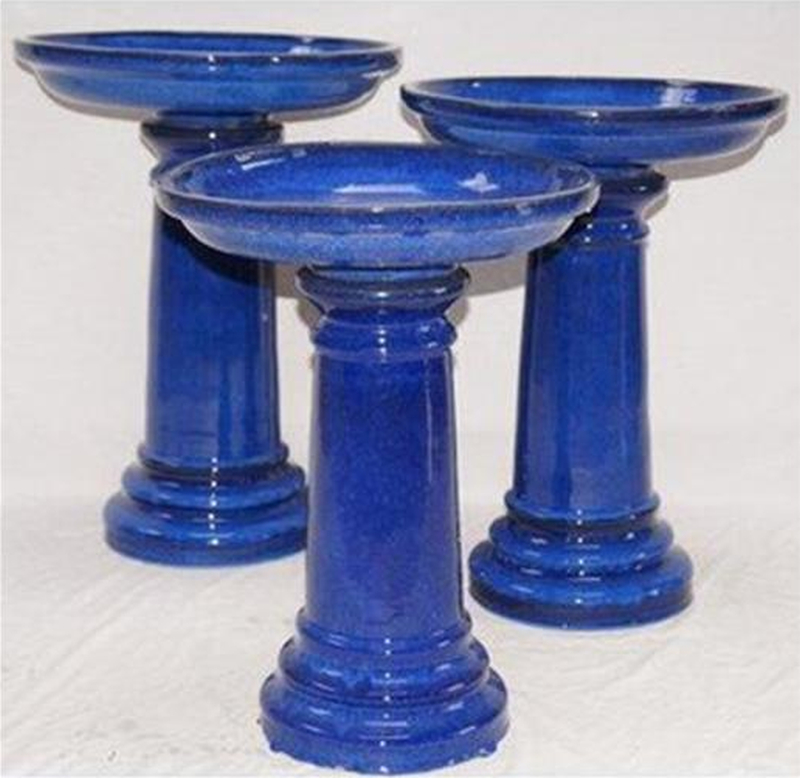 Cobalt Blue High Gloss Glazed Ceramic Birdbath Set Made in The USA