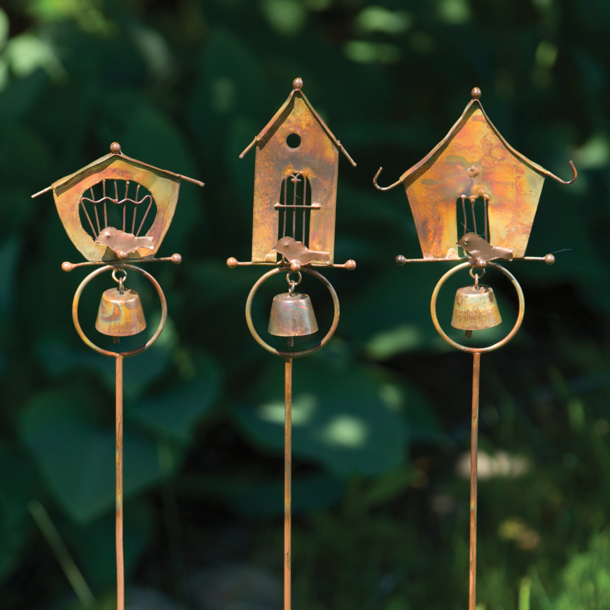 Flamed Copper Bird Houses Garden Stake Set of 6