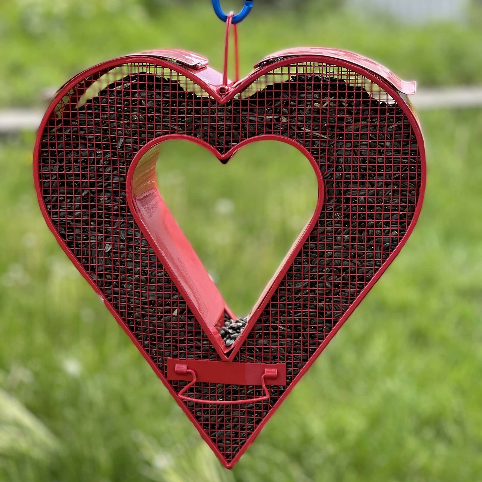 Red Heart Mesh Fly-Through Feeder, Handcrafted Wire Mesh Bird