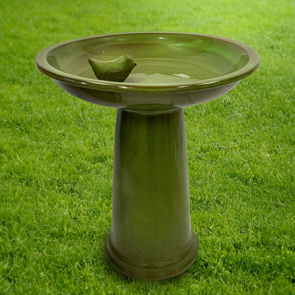 Ceramic Low-Profile Birdbath & Pedestal Moss Green