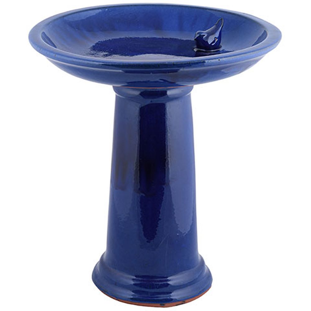 Ceramic Low-Profile Birdbath & Pedestal Cobalt