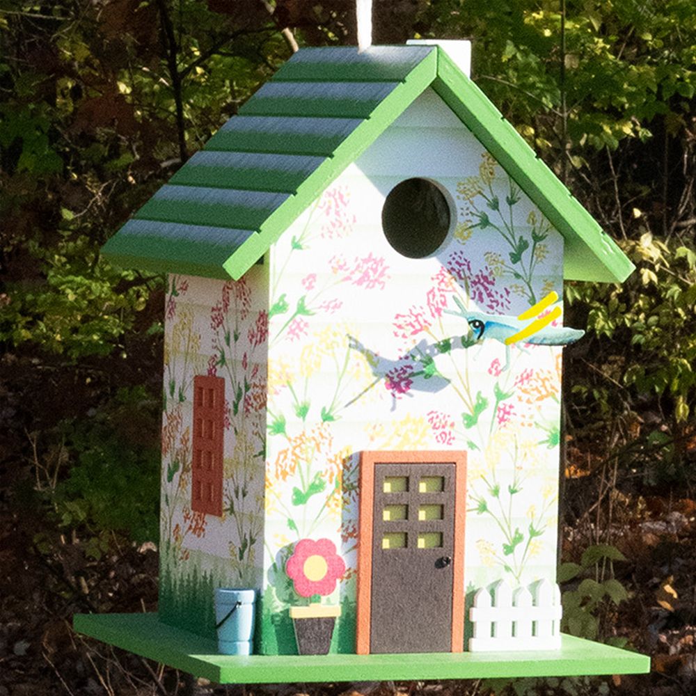 Botanical Print Grasshopper Bird House Green