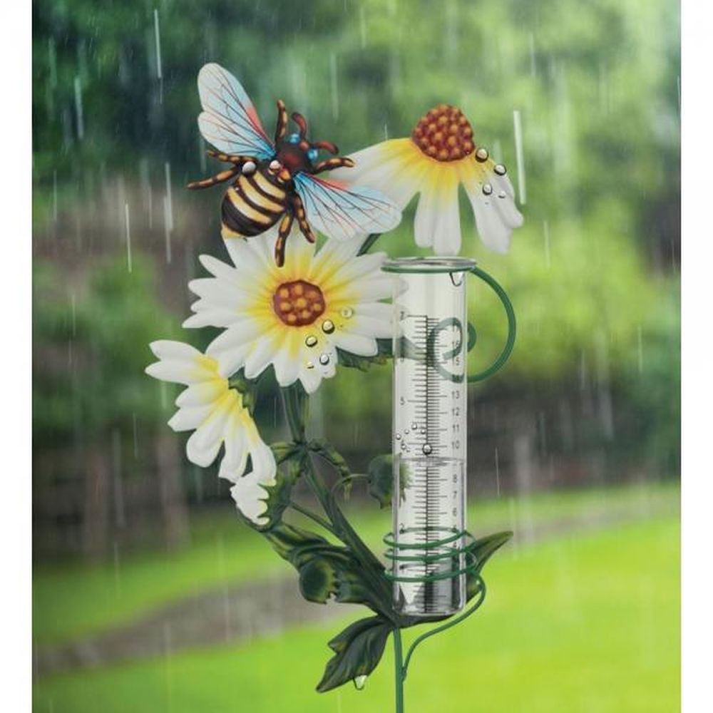 Rain Gauge Garden Stake Bee Flower