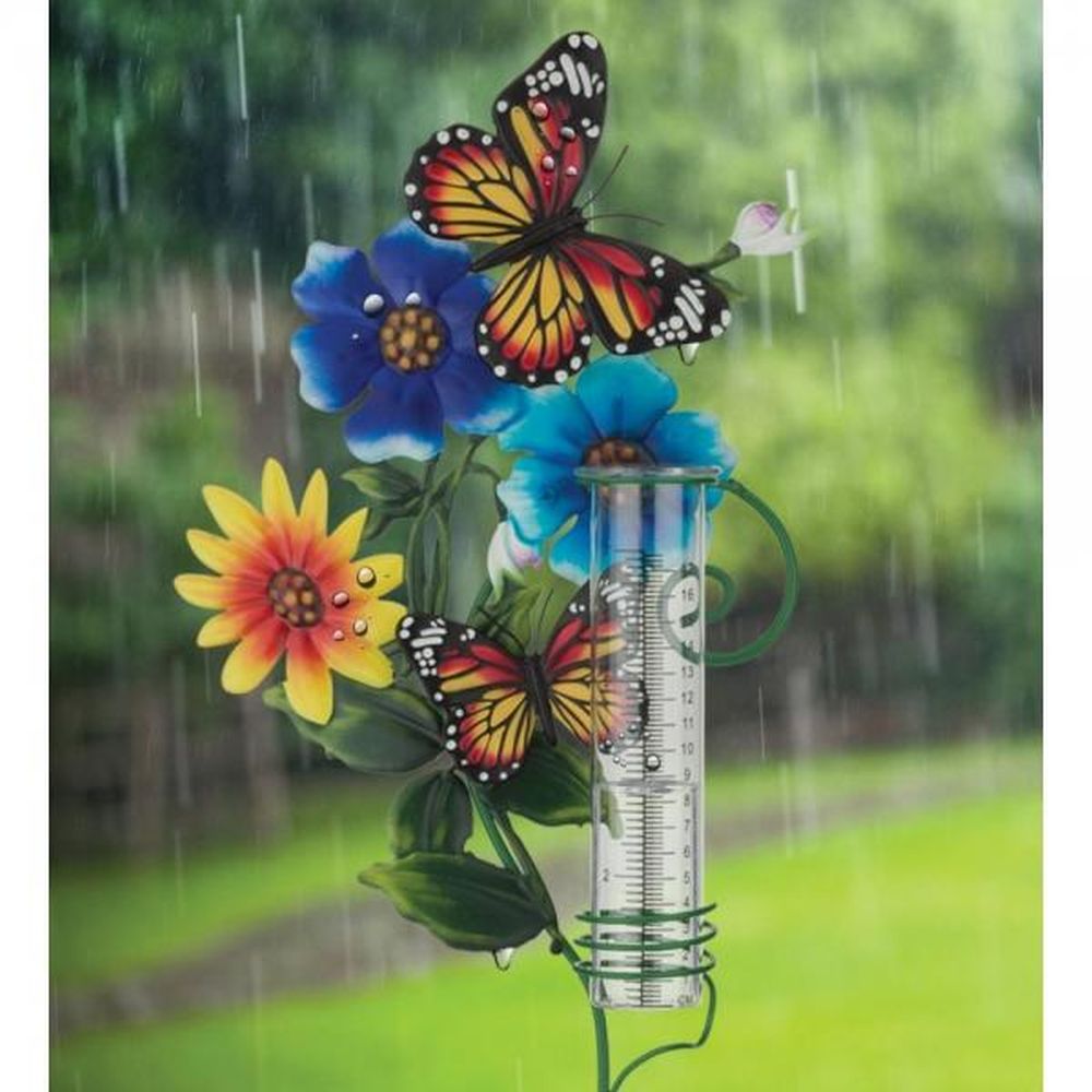 Rain Gauge Garden Stake Butterfly Flower