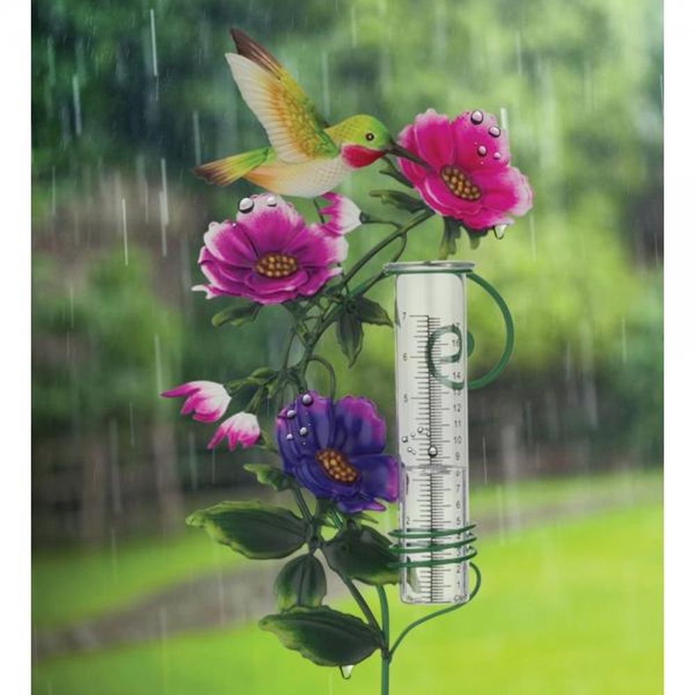 Rain Gauge Garden Stake Hummingbird Flower