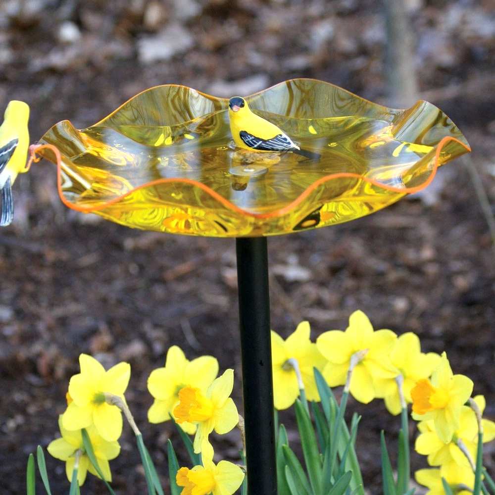 Acrylic Yellow Swirl Pole Mounted Garden Bird Bath