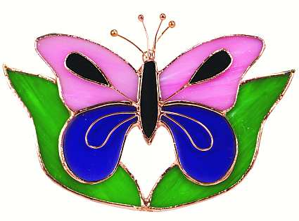 Stained Glass Suncatcher Pink Butterfly w/Leaves