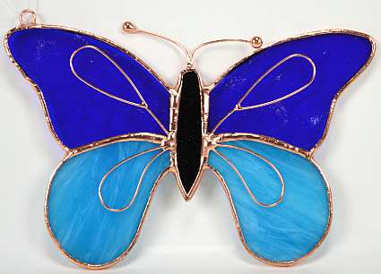Stained Glass Suncatcher Blue Butterfly w/Leaves