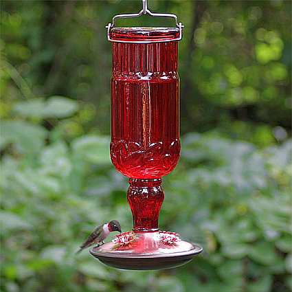 Elegant Antique Glass Hummingbird Feeder Red