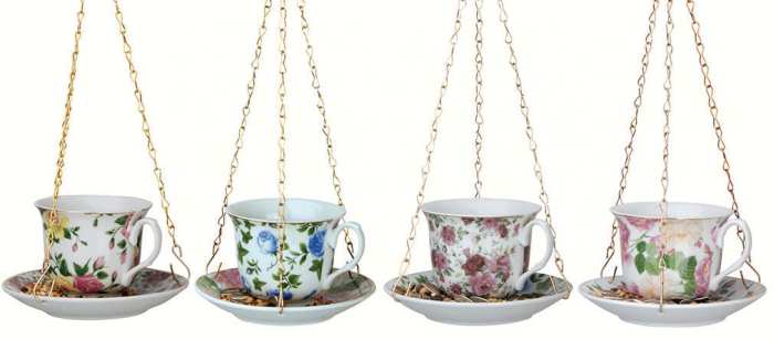 Tea cups with Saucer hanging Feeder TEACUP BIRD FEEDERS SET OF 4 Ceramic 