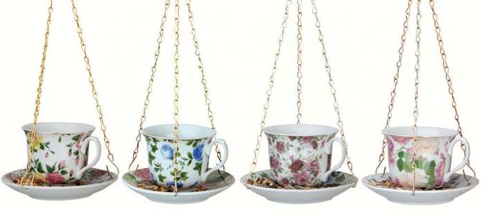 Ceramic Tea Cup and Saucer Hanging Bird Feeder Set of 4