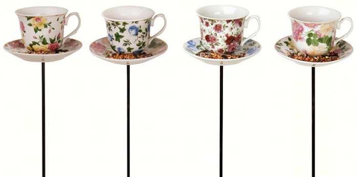 Ceramic Tea Cup and Saucer Stake Bird Feeder Set of 4