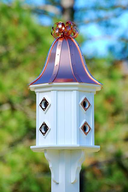 14" Dovecote Birdhouse Bright Copper Bell with Curly Finial and Copper Portals