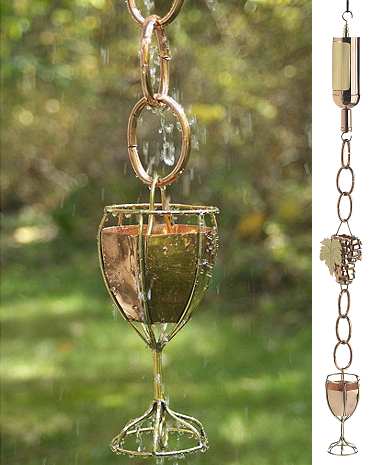 Wine Bottle w/Glass and Grapes Polished Copper Rain Chain