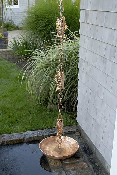 Fish Rain Gauge Polished Copper with Basin