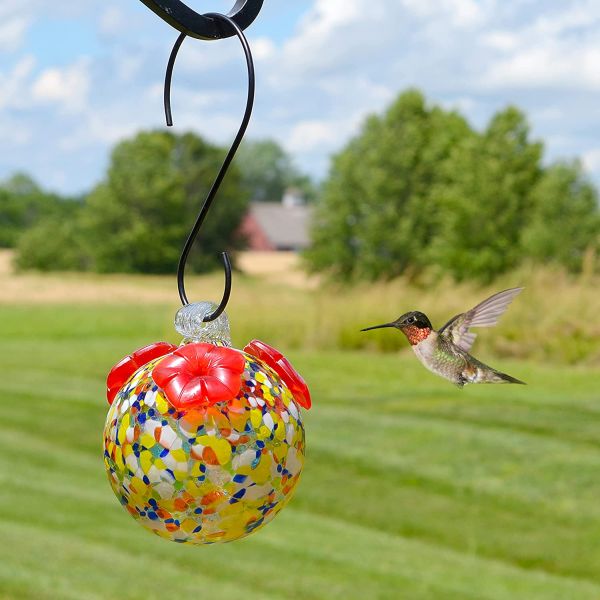 Multicolored Blown Glass Hummingbird Feeder