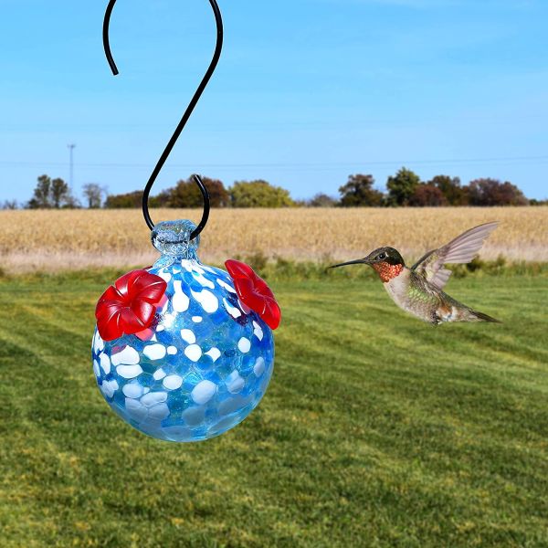 Blue and White Blown Glass Hummingbird Feeder