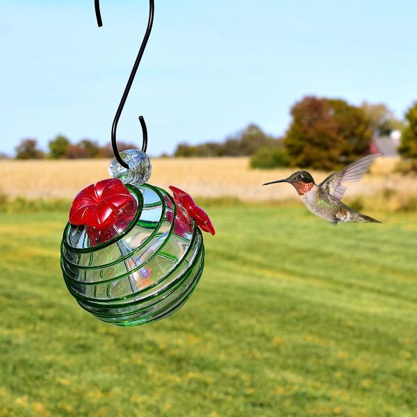 Green Swirls Blown Glass Hummingbird Feeder