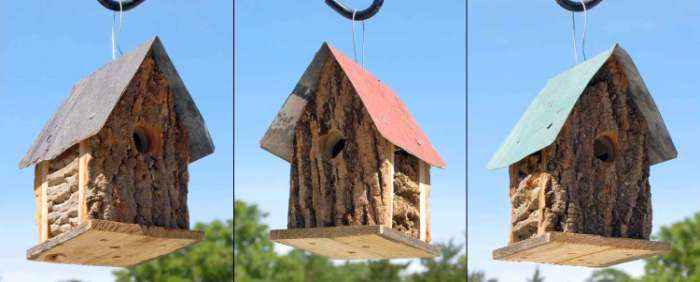 Amish Hand Made Bark Cabin Birdhouses - Black, Red and Green Roof