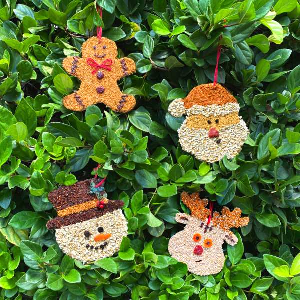 Wooden Christmas Cookie Bird Seed Ornaments - Frosty, Gingerbread Man, Rudolph, and Santa