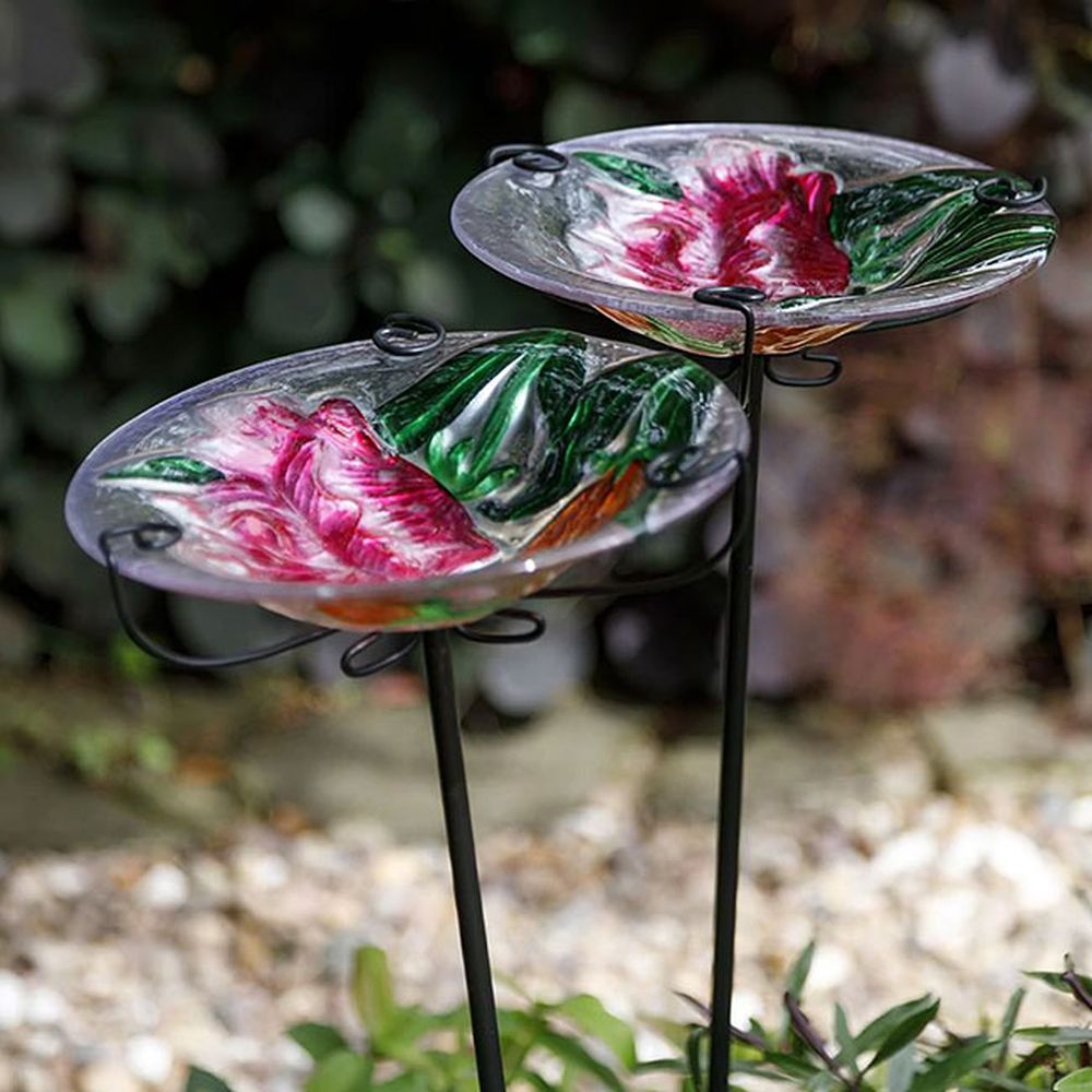 Tulip Fields Glass Bird Baths with Stakes Set of 2