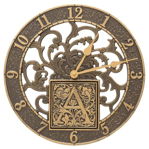 Silhouette Monogram 12 Inch Personalized Indoor Outdoor Wall Clock French Bronze